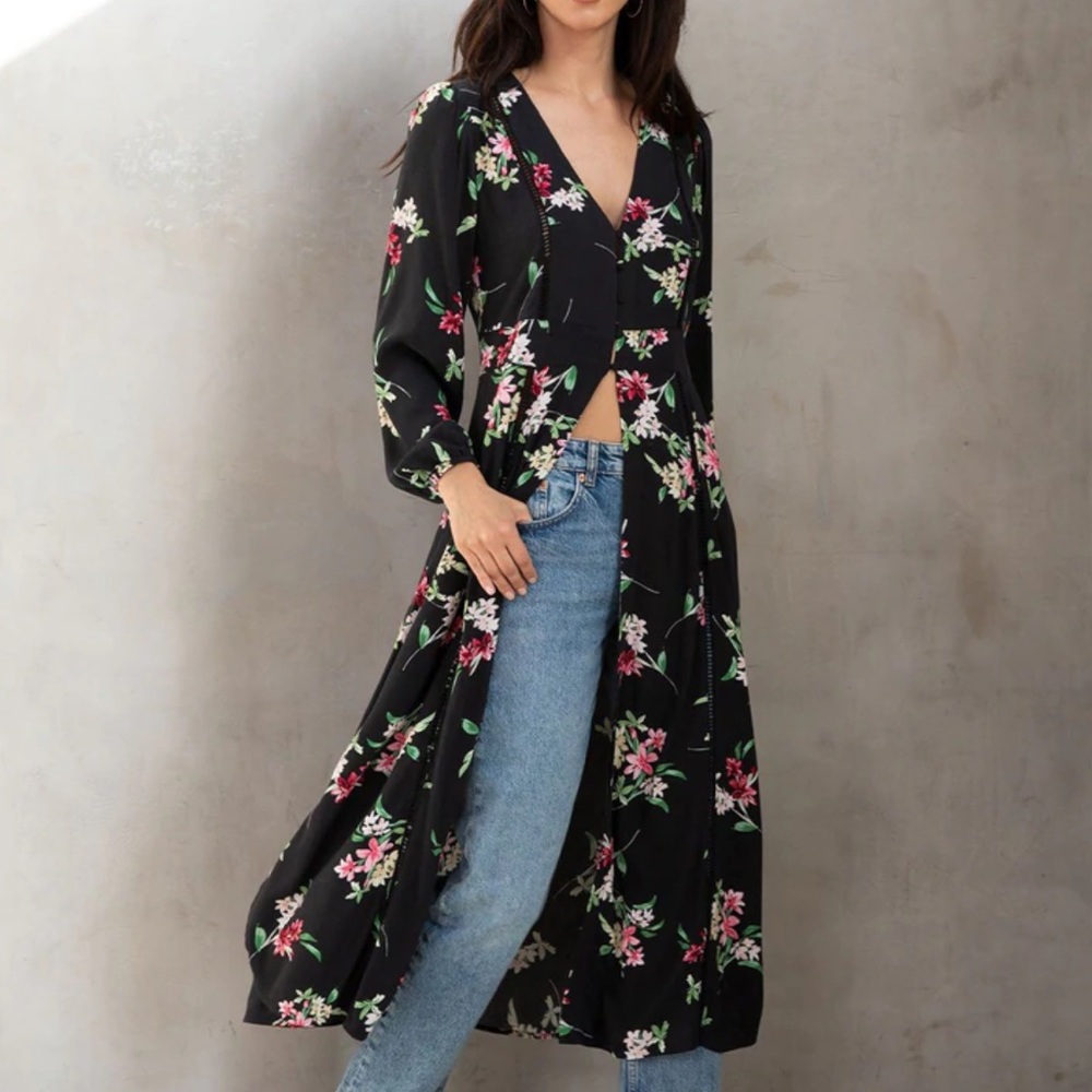 Love Stitch Black Floral Long Duster with Pink & Green Accents